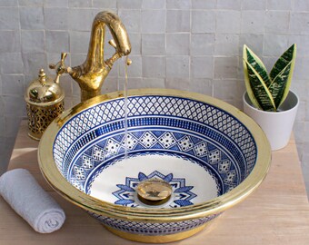 Ceramic Sink Basin Brass Edge For Bathroom 100% Handmade,Vessel Sink,Custom Sink Vanity,Pottery Handmade Sinks for Bathroom Decoration.