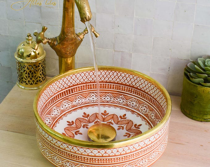 Ceramic Sink Basin Brass Edge For Bathroom 100% Handmade,Vessel Sink,Custom Sink Vanity,Pottery Handmade Sinks for Bathroom Decoration.