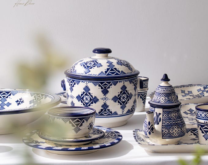 6P Blue of Fez Handmade Serving Set, Genuine Moroccan Hand Painted Ceramic Dinnerware Set, Dining sets, Tableware Collection,