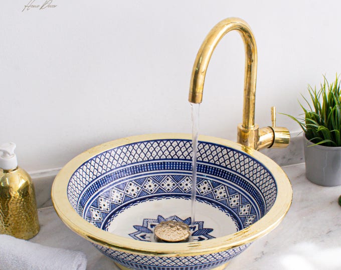 Ceramic Sink Basin Brass Edge For Bathroom 100% Handmade,Vessel Sink,Custom Sink Vanity,Pottery Handmade Sinks for Bathroom Decoration.