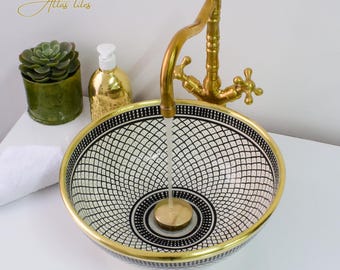 Ceramic Sink with Brass edge for Bathroom 100% Handmade,Vessel Sink,Custom Sink Vanity,Pottery Handmade Sinks for Bathroom Decoration.