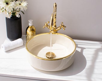 Ceramic Sink Basin Brass Edge For Bathroom 100% Handmade,Vessel Sink,Custom Sink Vanity,Pottery Handmade Sinks for Bathroom Decoration.