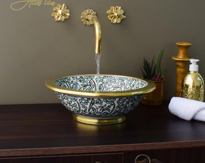 Ceramic Sink Basin Brass Edge For Bathroom 100% Handmade,Vessel Sink,Custom Sink Vanity,Pottery Handmade Sinks for Bathroom Decoration.
