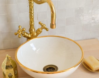 Ceramic Sink Basin Brass Edge For Bathroom 100% Handmade,Vessel Sink,Custom Sink Vanity,Pottery Handmade Sinks for Bathroom Decoration.