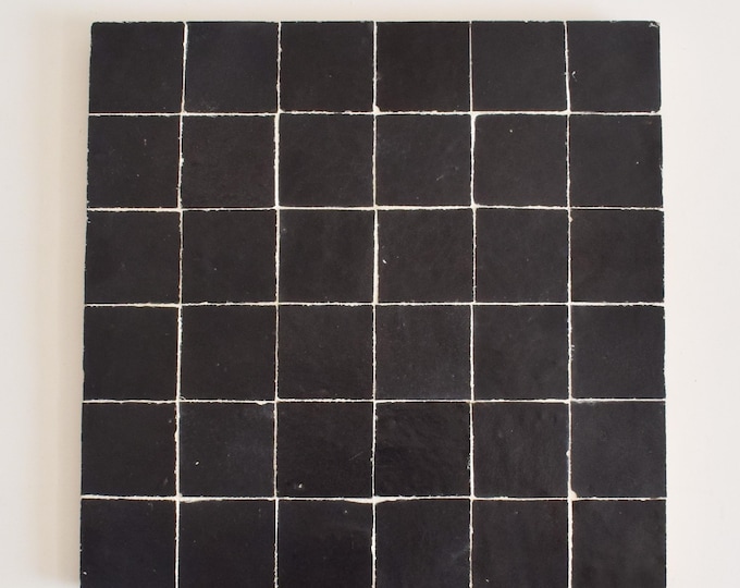 Black Zellige Panel, Authentic Moroccan Handmade 12in x 12in Zellige Panel, Floor & Wall Glazed Solid Color, Backsplash Assembled Tiles