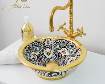 Ceramic Sink Basin Brass Edge For Bathroom 100% Handmade,Vessel Sink,Custom Sink Vanity,Pottery Handmade Sinks for Bathroom Decoration.