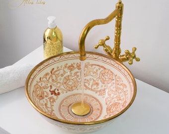 Ceramic Sink Basin Brass Edge For Bathroom 100% Handmade,Vessel Sink,Custom Sink Vanity,Pottery Handmade Sinks for Bathroom Decoration.