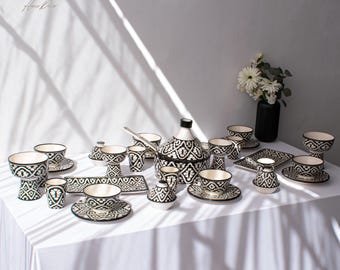 6P Black and White Handmade Ceramic Serving Set, Genuine Moroccan Hand Painted Ceramic Dinnerware Set, Dining sets, Tableware Collection,
