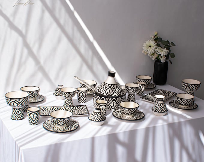 6P Black and White Handmade Ceramic Serving Set, Genuine Moroccan Hand Painted Ceramic Dinnerware Set, Dining sets, Tableware Collection,