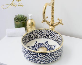 Ceramic Sink Basin Brass Edge For Bathroom 100% Handmade,Vessel Sink,Custom Sink Vanity,Pottery Handmade Sinks for Bathroom Decoration.