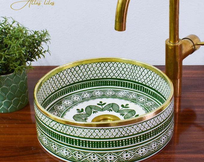 Ceramic Sink Basin Brass Edge For Bathroom 100% Handmade,Vessel Sink,Custom Sink Vanity,Pottery Handmade Sinks for Bathroom Decoration.