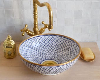 Ceramic Sink Basin Brass Edge For Bathroom 100% Handmade,Vessel Sink,Custom Sink Vanity,Pottery Handmade Sinks for Bathroom Decoration.