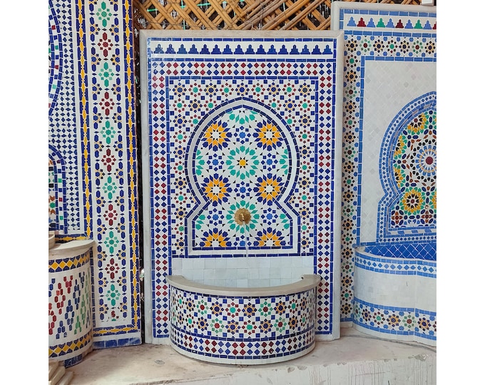 Garden Mosaic Fountain for Outdoor Patio 100%Handmade,Andalusian Tile Artwork,Wall Mounted Fountain, Handmade Fountain,Patio Decor