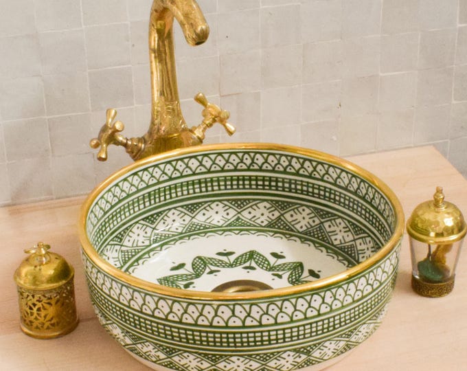 Ceramic Sink Basin Brass Edge For Bathroom 100% Handmade,Vessel Sink,Custom Sink Vanity,Pottery Handmade Sinks for Bathroom Decoration.