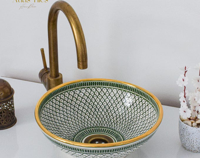 Ceramic Sink Basin Brass Edge For Bathroom 100% Handmade,Vessel Sink,Custom Sink Vanity,Pottery Handmade Sinks for Bathroom Decoration.