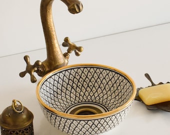 Ceramic Sink with Brass edge for Bathroom 100% Handmade,Vessel Sink,Custom Sink Vanity,Pottery Handmade Sinks for Bathroom Decoration.