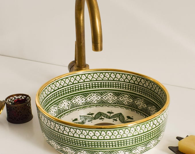 Ceramic Sink Basin Brass Edge For Bathroom 100% Handmade,Vessel Sink,Custom Sink Vanity,Pottery Handmade Sinks for Bathroom Decoration.