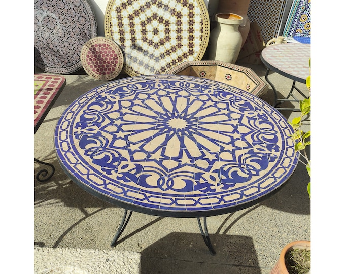Round Mosaic Table for Outdoor Patio,Unique Mosaic Pattern,Dinner & Coffee Table,Custom Design,Handcrafted Mosaic Table,Outdoor Patio decor