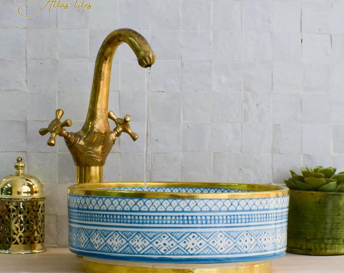 Ceramic Sink Basin Brass Edge For Bathroom 100% Handmade,Vessel Sink,Custom Sink Vanity,Pottery Handmade Sinks for Bathroom Decoration.