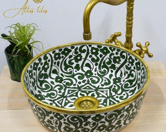 Ceramic Sink with Brass edge for Bathroom 100% Handmade,Vessel Sink,Custom Sink Vanity,Pottery Handmade Sinks for Bathroom Decoration.