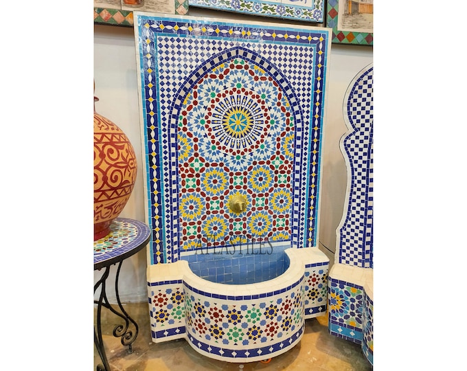 Gorgeous Tile Fountain for Outdoor Patio 100%Handmade,Mural Water Fountain,Garden Fountain,Moroccan Zellige Fountain,Handmade Zellige