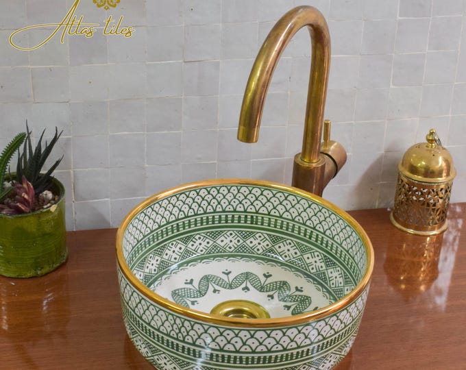 Ceramic Sink 14 Karat Gold for Bathroom 100% Handmade,Vessel Sink,Custom Sink Vanity,Pottery Handmade Sinks for Bathroom Decoration.