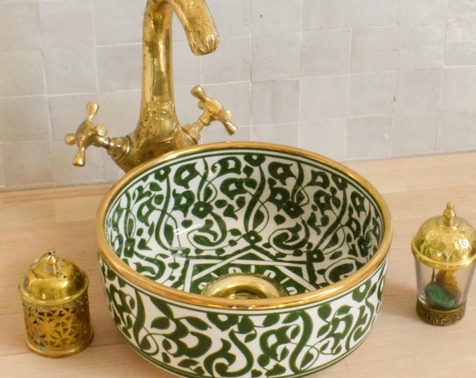 Ceramic Sink Basin Brass Edge For Bathroom 100% Handmade,Vessel Sink,Custom Sink Vanity,Pottery Handmade Sinks for Bathroom Decoration.