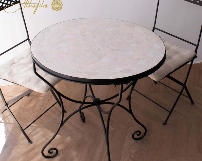 White/ Beige Mosaic Table for Outdoor Patio 100% Handmade,Round Mosaic Table,Ceramic Table,Customizable Table,Dinner Coffee Table