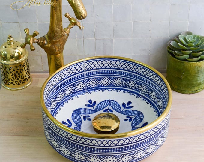Ceramic Sink Basin Brass Edge For Bathroom 100% Handmade,Vessel Sink,Custom Sink Vanity,Pottery Handmade Sinks for Bathroom Decoration.