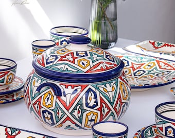 6 Person Multi Color Handmade Serving Set, Genuine Moroccan Hand Painted Ceramic Dinnerware Set, Dining sets, Tableware Collection,