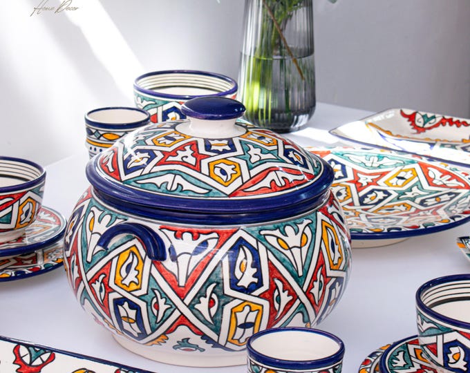 6 Person Multi Color Handmade Serving Set, Genuine Moroccan Hand Painted Ceramic Dinnerware Set, Dining sets, Tableware Collection,