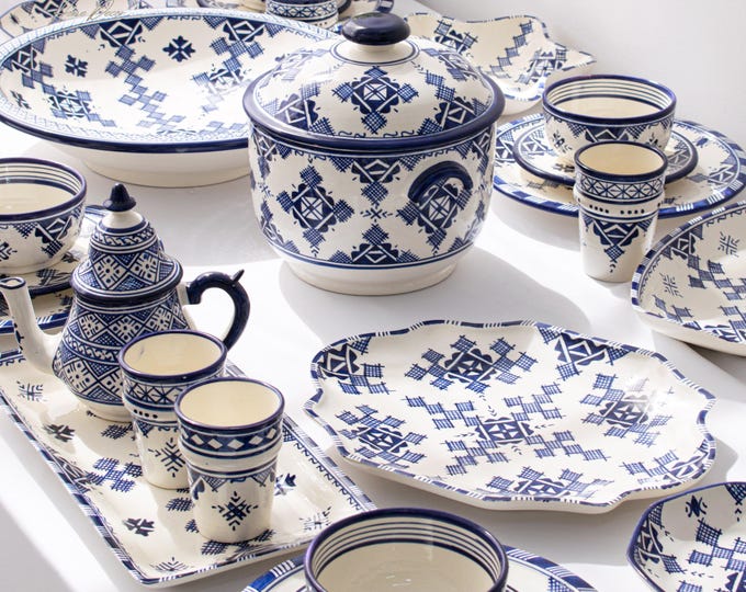 6P Blue of Fez Handmade Serving Set, Genuine Moroccan Hand Painted Ceramic Dinnerware Set, Dining sets, Tableware Collection,