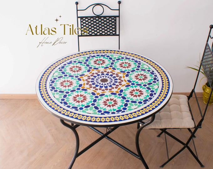 White/ Beige Mosaic Table for Outdoor Patio 100% Handmade,Round Mosaic Table,Ceramic Table,Customizable Table,Dinner Coffee Table