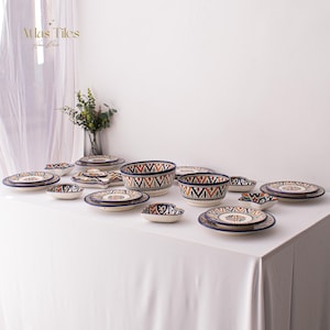 6 Person Multi Color Handmade Serving Set, Genuine Moroccan Hand Painted Ceramic Dinnerware Set, Dining sets, Tableware Collection,