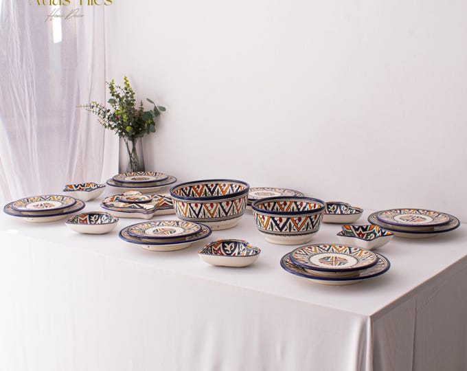 6 Person Multi Color Handmade Serving Set, Genuine Moroccan Hand Painted Ceramic Dinnerware Set, Dining sets, Tableware Collection,