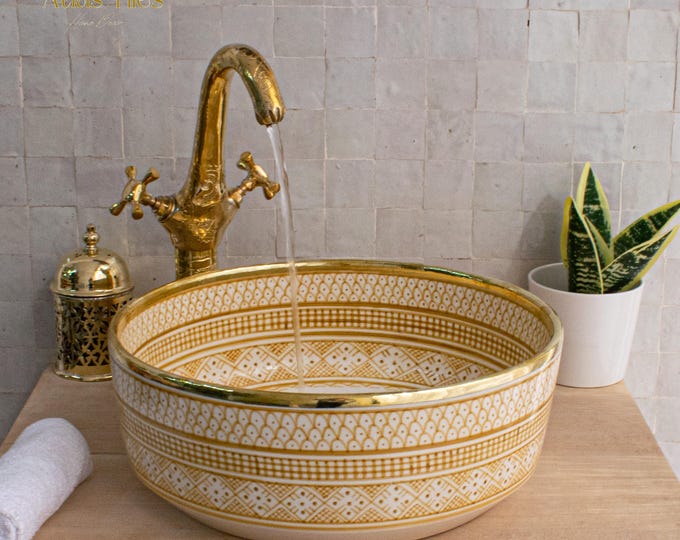 Ceramic Sink Basin Brass Edge For Bathroom 100% Handmade,Vessel Sink,Custom Sink Vanity,Pottery Handmade Sinks for Bathroom Decoration.