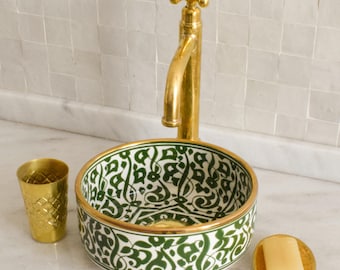 Ceramic Sink Basin Brass Edge For Bathroom 100% Handmade,Vessel Sink,Custom Sink Vanity,Pottery Handmade Sinks for Bathroom Decoration.