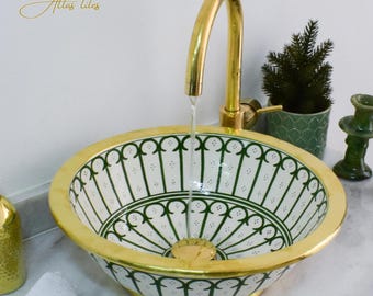Ceramic Sink Basin Brass Edge For Bathroom 100% Handmade,Vessel Sink,Custom Sink Vanity,Pottery Handmade Sinks for Bathroom Decoration.
