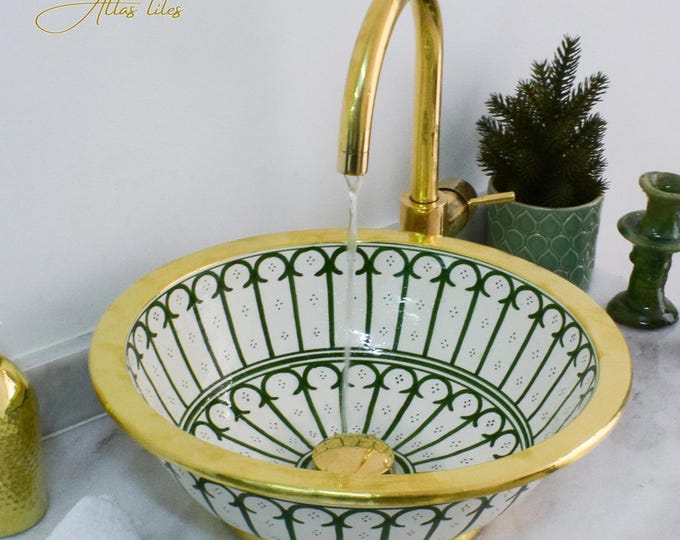 Ceramic Sink Basin Brass Edge For Bathroom 100% Handmade,Vessel Sink,Custom Sink Vanity,Pottery Handmade Sinks for Bathroom Decoration.