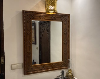 Berber Moroccan Wood Wall Mirror, Asymmetrical Mirror For Living Room & for Bathroom, Moroccan Handmade Mirror, Modern Outdoor Patio Mirror