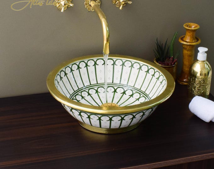 Ceramic Sink Basin Brass Edge For Bathroom 100% Handmade,Vessel Sink,Custom Sink Vanity,Pottery Handmade Sinks for Bathroom Decoration.