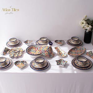 6 Person Multi Color Handmade Serving Set, Genuine Moroccan Hand Painted Ceramic Dinnerware Set, Dining sets, Tableware Collection,