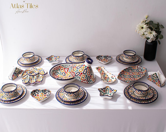 6 Person Multi Color Handmade Serving Set, Genuine Moroccan Hand Painted Ceramic Dinnerware Set, Dining sets, Tableware Collection,
