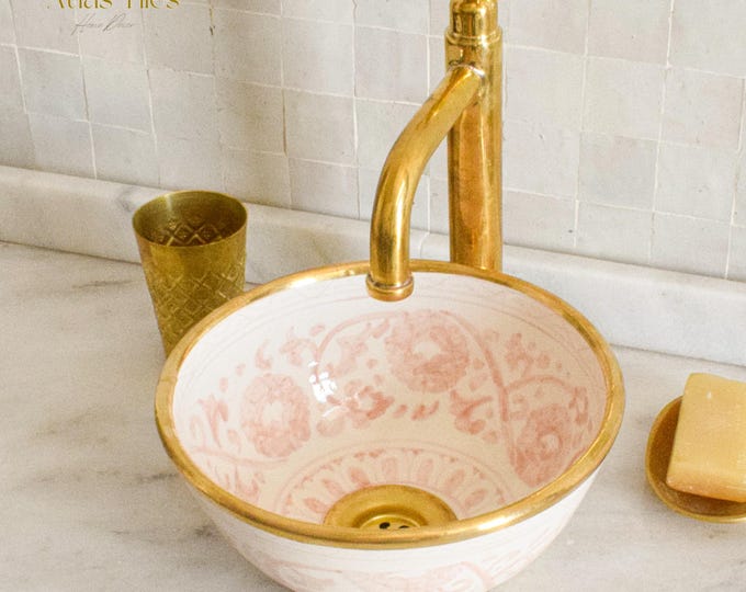 Ceramic Sink Basin Brass Edge For Bathroom 100% Handmade,Vessel Sink,Custom Sink Vanity,Pottery Handmade Sinks for Bathroom Decoration.