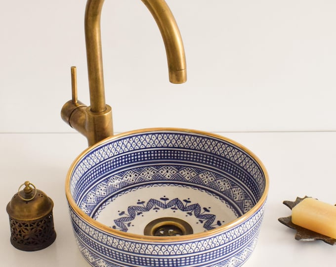 Ceramic Sink Basin Brass Edge For Bathroom 100% Handmade,Vessel Sink,Custom Sink Vanity,Pottery Handmade Sinks for Bathroom Decoration.