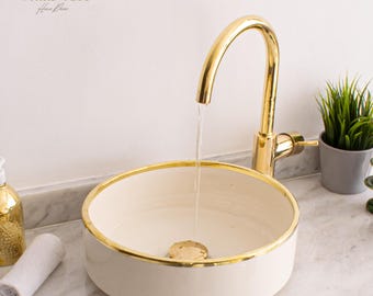 Ceramic Sink Basin Brass Edge For Bathroom 100% Handmade,Vessel Sink,Custom Sink Vanity,Pottery Handmade Sinks for Bathroom Decoration.