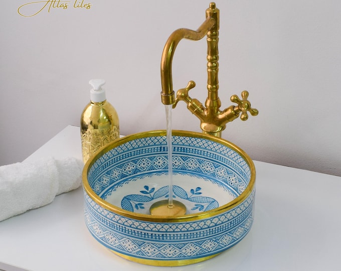 Ceramic Sink 14 Karat Gold for Bathroom 100% Handmade,Vessel Sink,Custom Sink Vanity,Pottery Handmade Sinks for Bathroom Decoration.