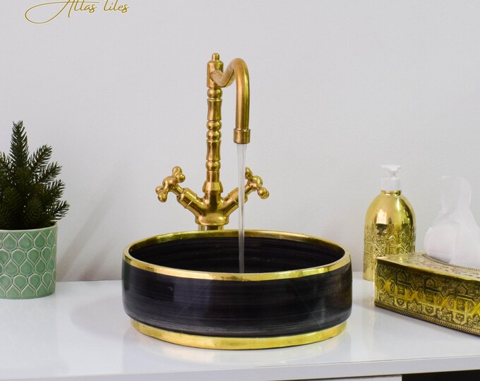 Ceramic Sink Basin Brass Edge For Bathroom 100% Handmade,Vessel Sink,Custom Sink Vanity,Pottery Handmade Sinks for Bathroom Decoration.