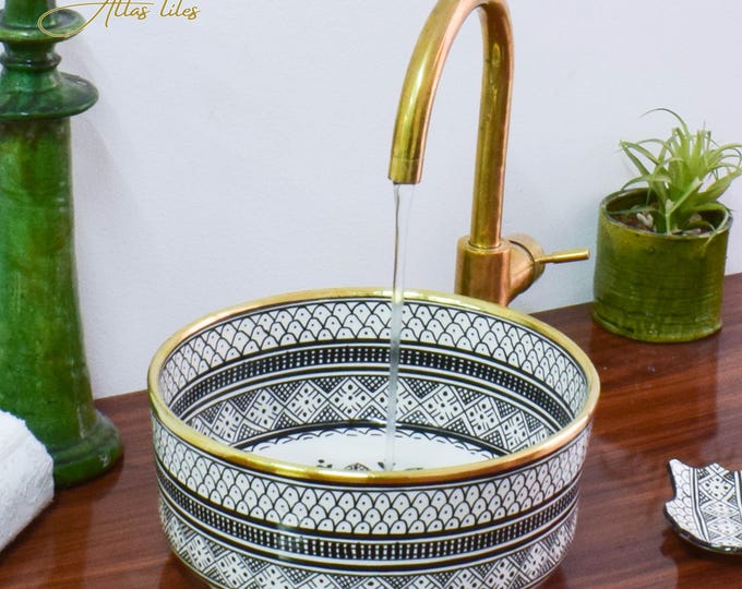 Ceramic Sink Basin Brass Edge For Bathroom 100% Handmade,Vessel Sink,Custom Sink Vanity,Pottery Handmade Sinks for Bathroom Decoration.