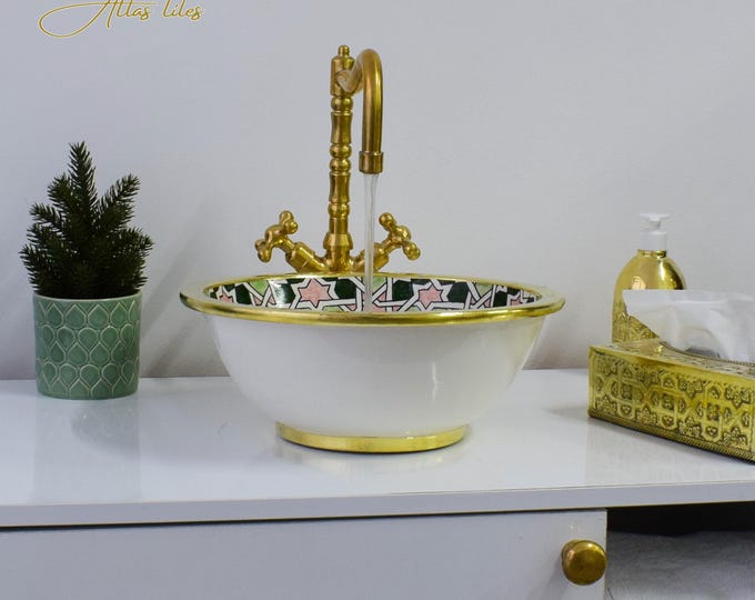 Ceramic Sink Basin Brass Edge For Bathroom 100% Handmade,Vessel Sink,Custom Sink Vanity,Pottery Handmade Sinks for Bathroom Decoration.